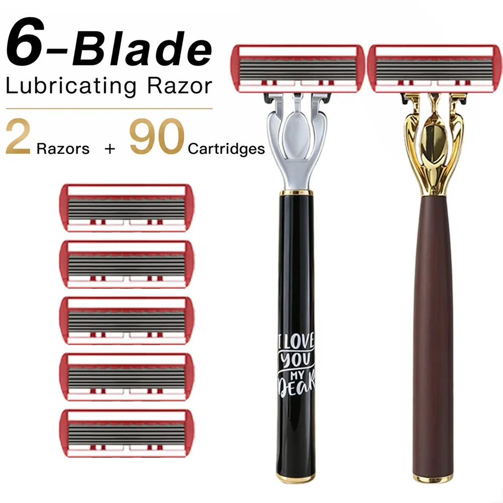 Six-Blade Lubricated Razor Set, Glossy Romantic Letter Handle & Blade Wood Grain Handle, 2 Handles + 90 Replacement Blades
