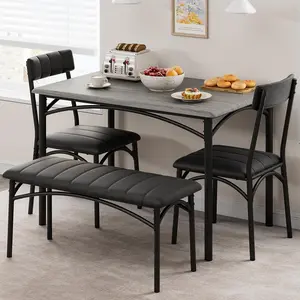 Dining Table Set for 4, Modern Kitchen Dinette Set with Upholstered Bench & 2 Chairs, Rectangular Kitchen Table with Sturdy MDF & Steel Frame, Space Saving Dinner Furniture for Small Space Apartment Kitchen Dining Room Breakfast