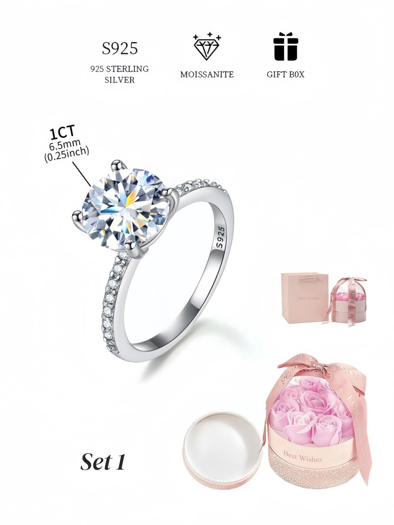 S925 Sterling Silver 1CT Moissanite Solitaire Ring, Elegant Jewelry for Women, Trendy All-match & Exquisite Jewelry for Birthday Gift with Box
