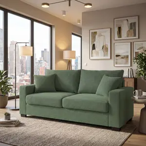 Aobtkel®69-inch two-seater  Sofa with Textured Fabric, Comfortable Upholstered Couch with 2 Throw Pillows and Sturdy Plastic Legs for Living Room, Apartment, Office,  Dark Green   WL