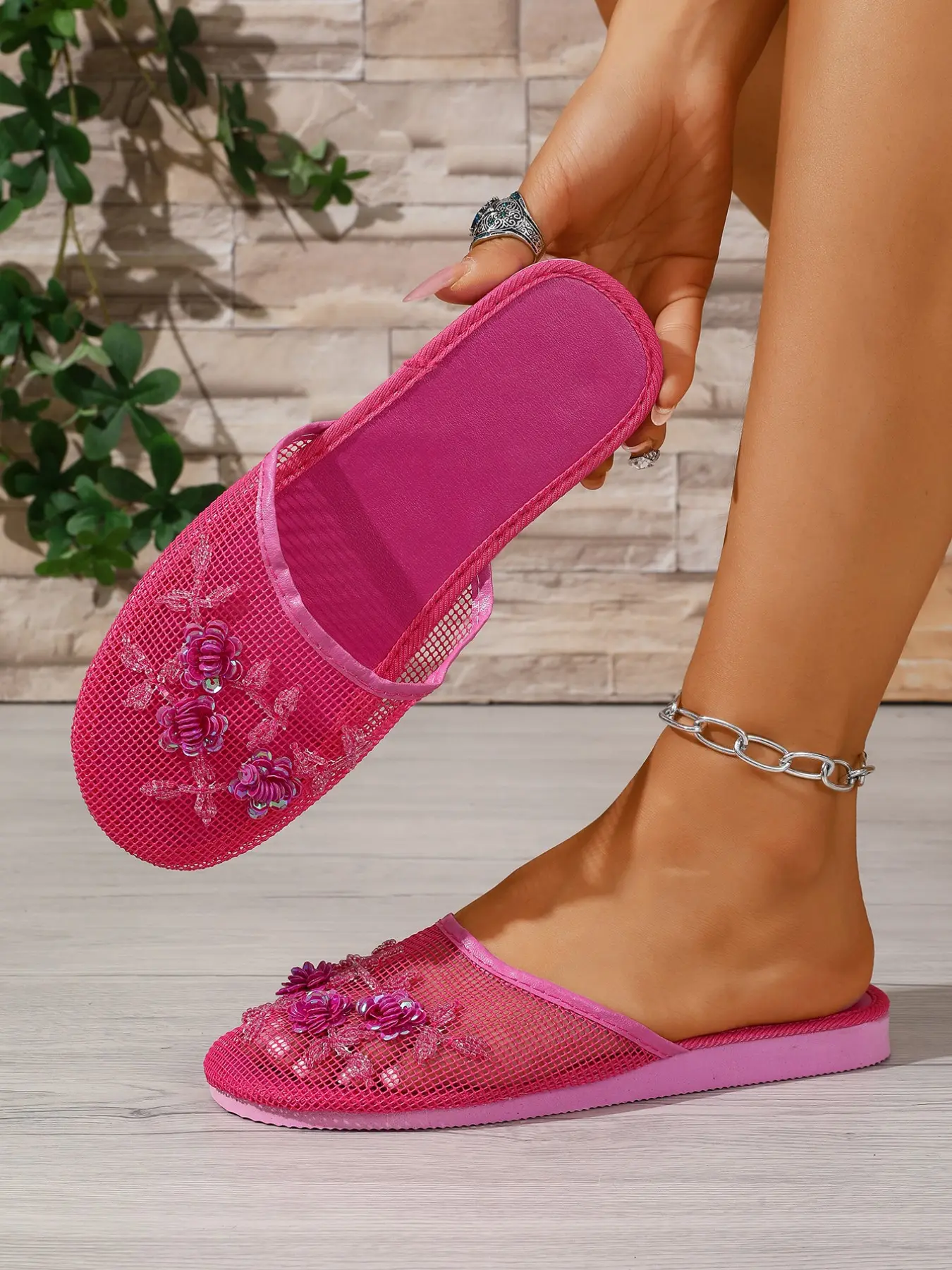 2026 Transparent Mesh Embellished Floral Wide Toe Flat Sandals, Multi-Color Sparkly Mesh, Breathable Retro Style, Spring & Fall Women's Footwear