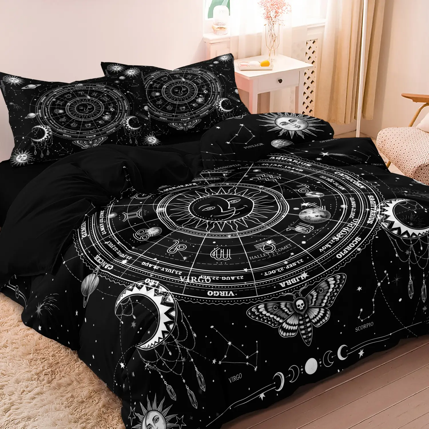 Black White Celestial Sun Moon Zodiac Constellation 3 Pieces Duvet Cover Set, Planet Moth Star Chart Print Decorative Duvet Cover, Soft Microfiber Gothic Bedding Decor (1 Duvet Cover + 2 Pillowcases, No Comforter No Pillow)