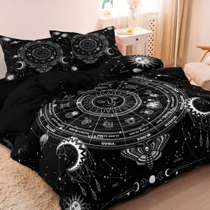 Black White Celestial Sun Moon Zodiac Constellation 3 Pieces Duvet Cover Set, Planet Moth Star Chart Print Decorative Duvet Cover, Soft Microfiber Gothic Bedding Decor (1 Duvet Cover + 2 Pillowcases, No Comforter No Pillow)