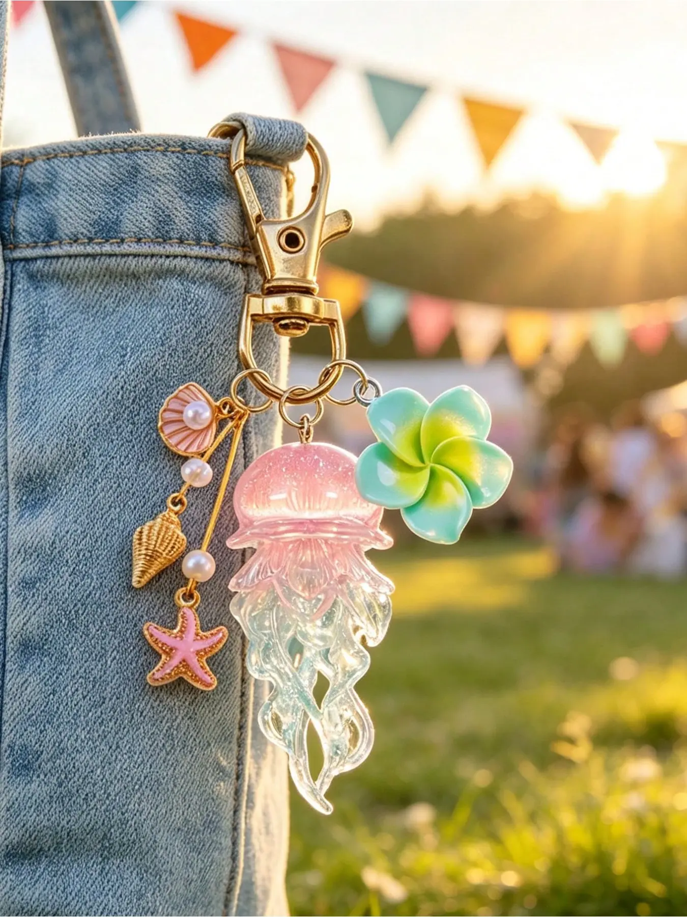 Gradient Jellyfish Flower Keychain, Cute Blue Jellyfish Pendant with Pearl Shell Decor, Perfect for Bags, Keys, Luggage, Beach Lovers