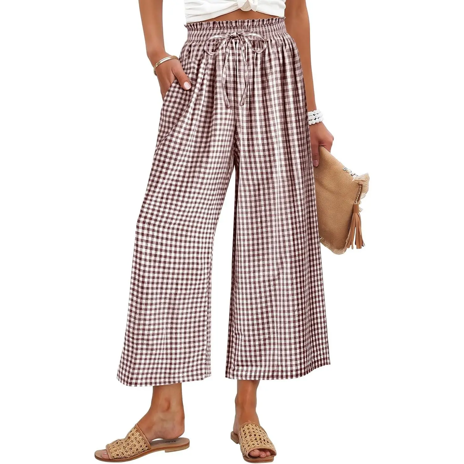 Women's Checkered Striped Casual Loungewear Palazzo Capri Pants - Cute Crop PJ Bottoms with Pockets, Adjustable Vests Compatible Lounge Trousers, Fit