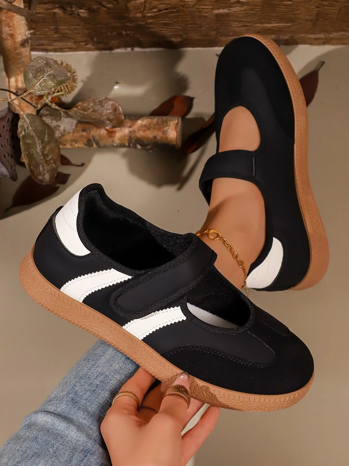 Women Two Tone Patchwork Mary Jane Sneakers, Hook and Loop Strap Flat Casual Shoes, Striped Gum Sole, Plus Size Footwear, Adjustable Mary Janes