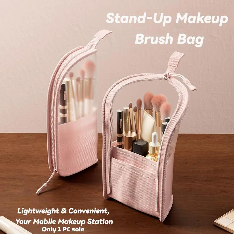 1 Pack Clear Visible Makeup Brush Bag, Portable Zipper Cosmetic Organizer Holds Up to 50 Makeup Brushes for Vanity & Travel | Back to School, Black Friday, Christmas Travel Essential