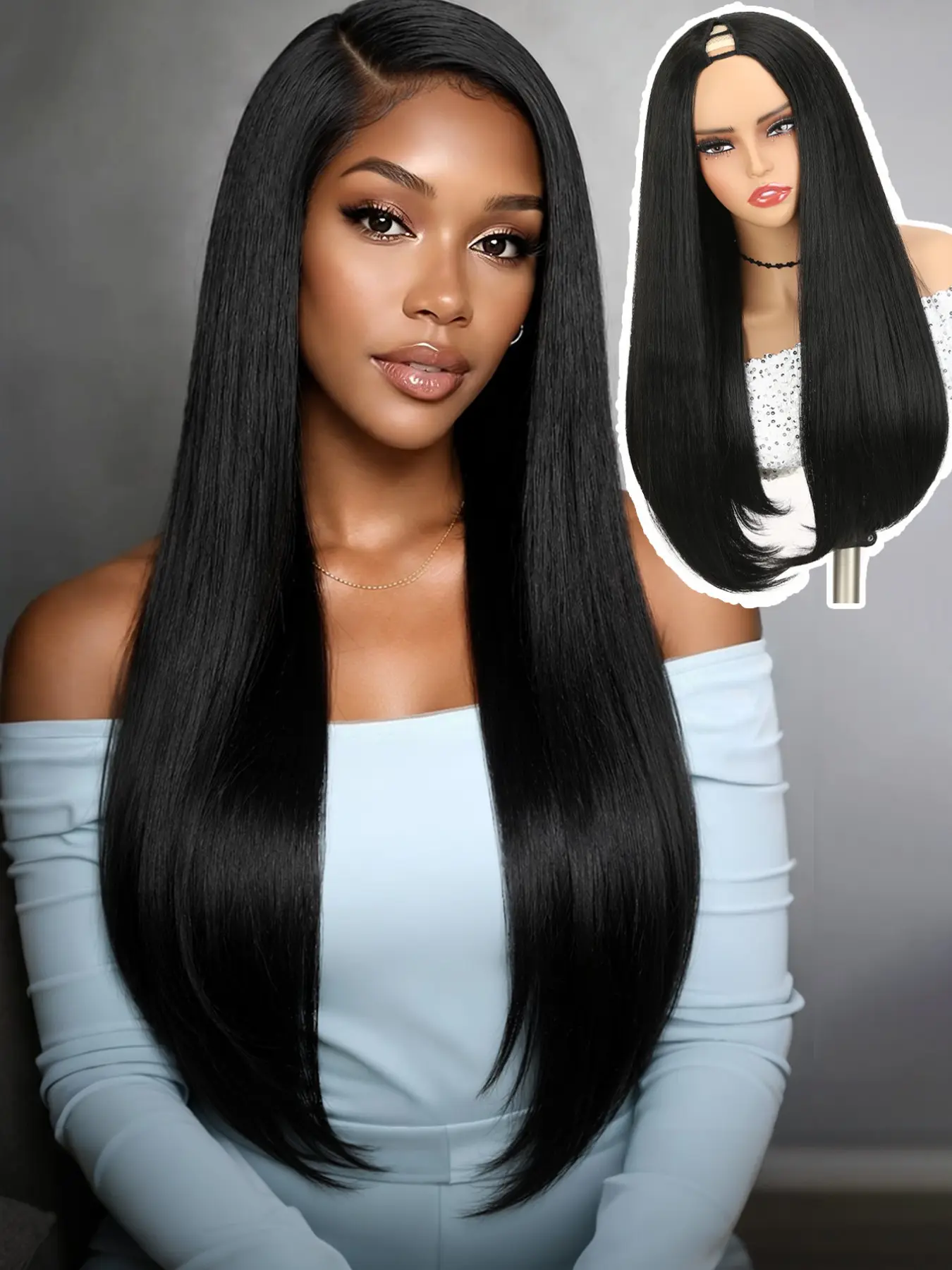24inch Yaki Straight U Part Wig, V Part Bob Half Wigs for Women, Short / Highlights, Glueless, Heat Resistant, Synthetic Hair