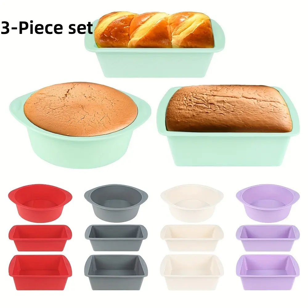 3 Piece Non-Stick Silicone Baking Set, Round and Square Cake Pans, Bread Molds, Heat Resistant, Easy Clean, Ideal for Holidays