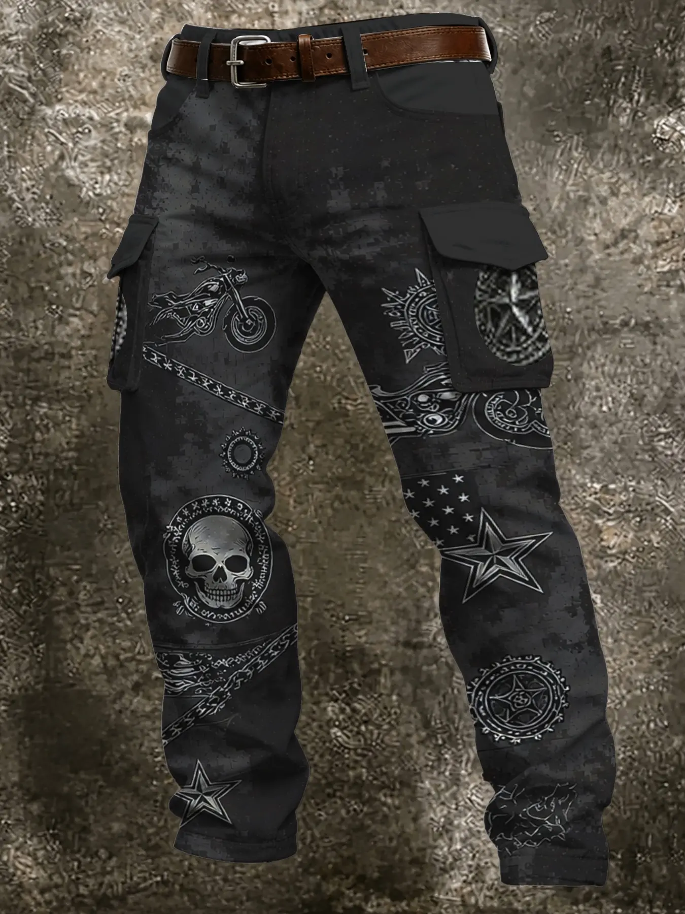 Hardcore Retro Totem Print Workwear Pants, Dual Side Pockets, Distressed Base, Dark Trendy Style, Ideal for Motorcycle Enthusiasts
