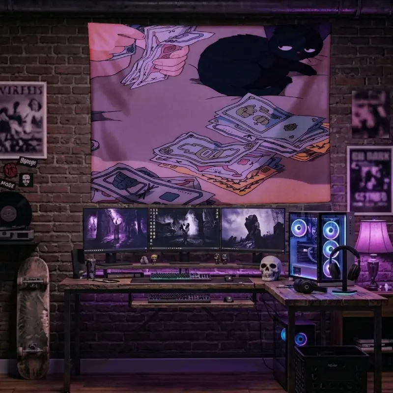 Funny Hustle Black Cat Counting Money Tapestry One Hundred Dollar Bills Pattern Wall Hanging Sarcastic Cash Rich Meme Bedroom Gaming Room Decor Dorm Background Banner