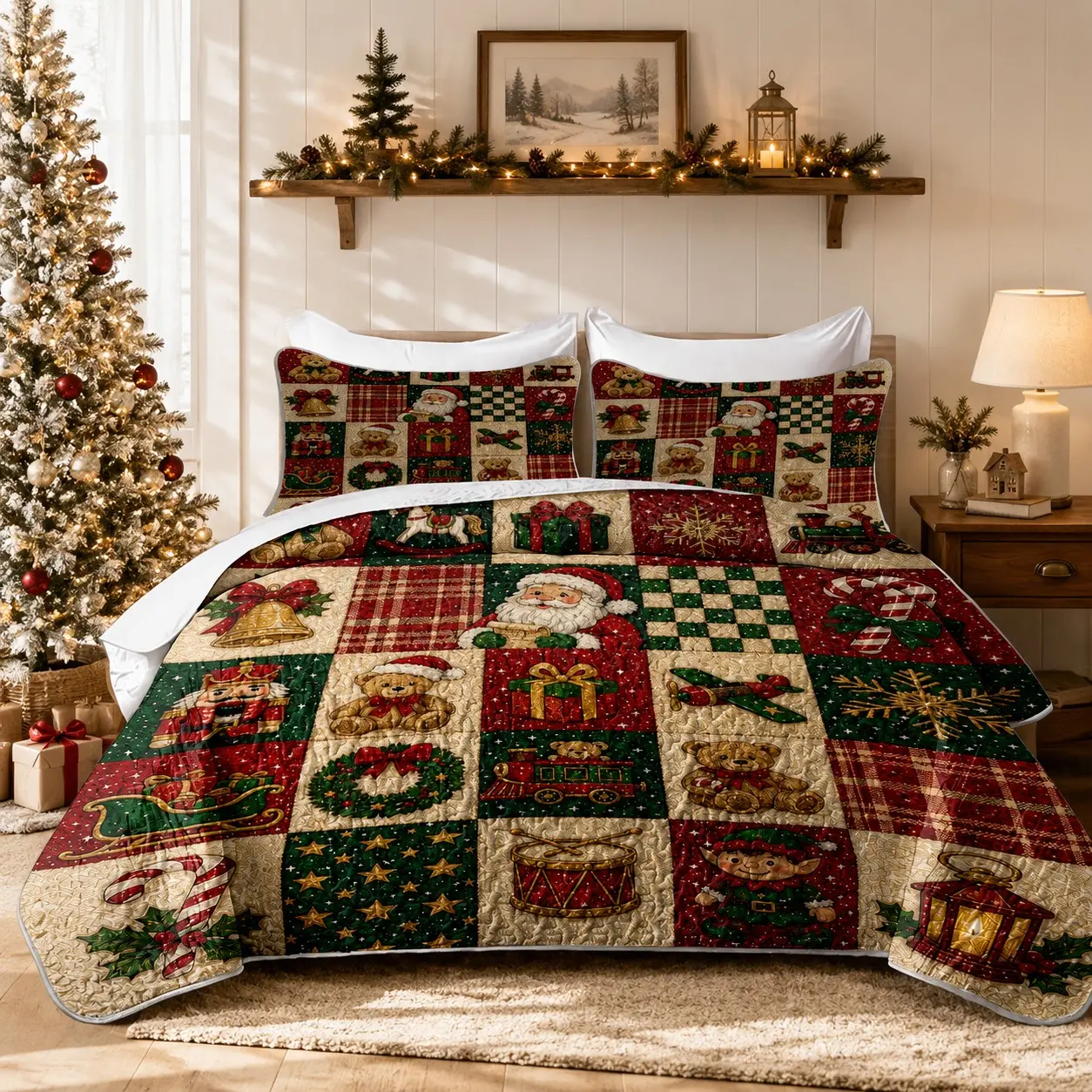 3Pcs Christmas Patchwork Print Quilted Bedspread Set, Vintage Holiday Coverlet with 1 Bedspread & 2 Pillow Shams, Lightweight Soft Breathable Fade Resistant Bedding, All Season, Queen/King Size, Christmas Bedroom Decor, Patchwork Bedspreads Set