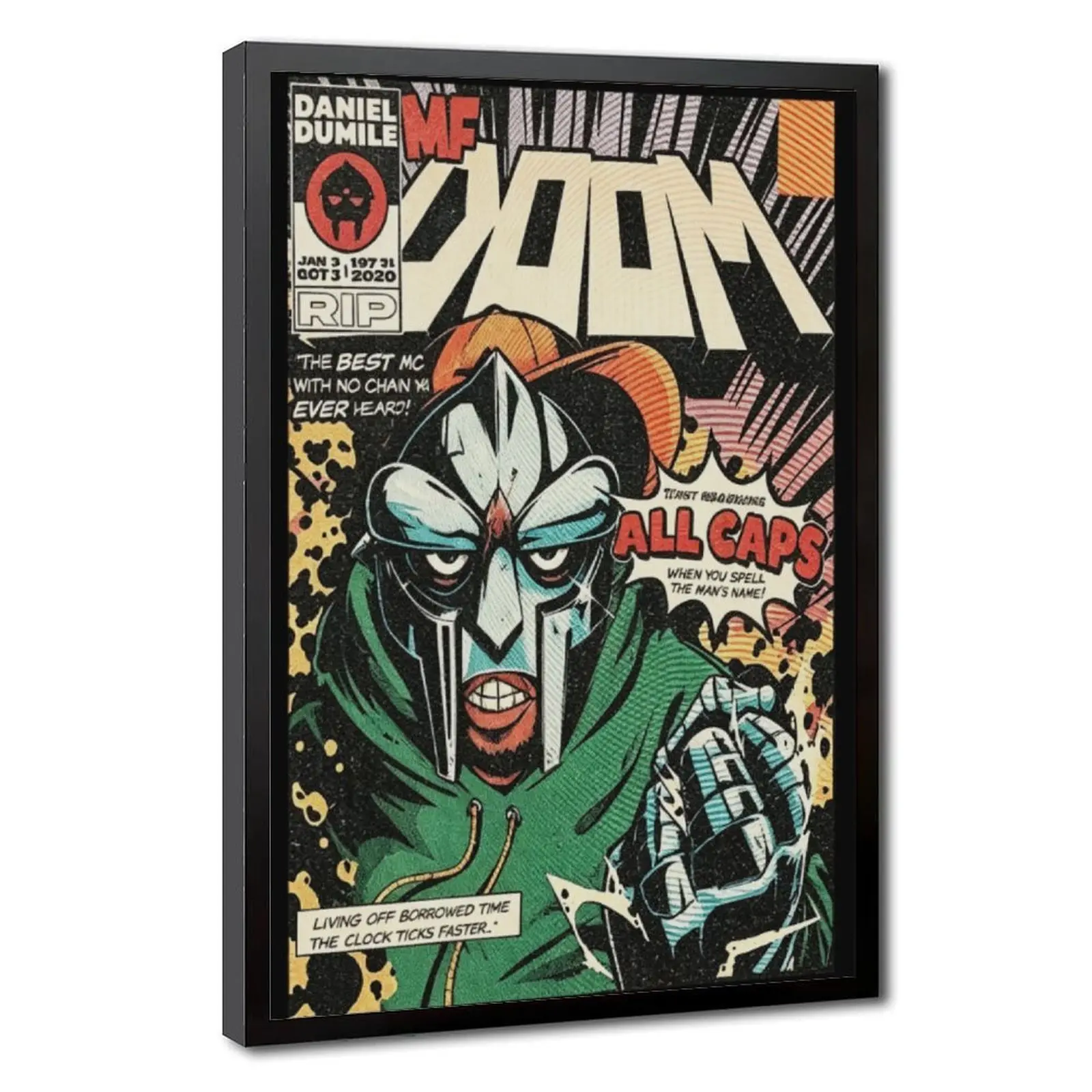 MF DOOM Canvas Wall Art Print Set with Wood Frame, Hip Hop Rap Legend Poster, Minimalist Comic-Style Underground Music Retro Streetwear Artwork for Gaming Room