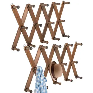 2 Pack Expandable Wooden Coat Rack, 14 Hooks Accordion Wall Hanger, Wall Mounted Vintage Accordion Peg Rack for Hats,Coat, Baseball Caps, Mugs, Scarf, Bag, Walnut Color