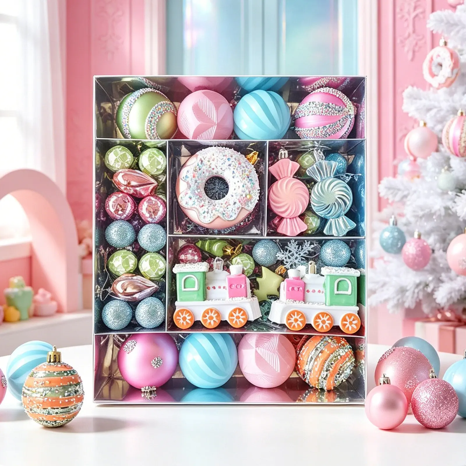 Christmas Tree Decorations Rainbow Macaron Candy Color Painted Christmas Balls Set Box, Party Decoration Hanging Ornaments