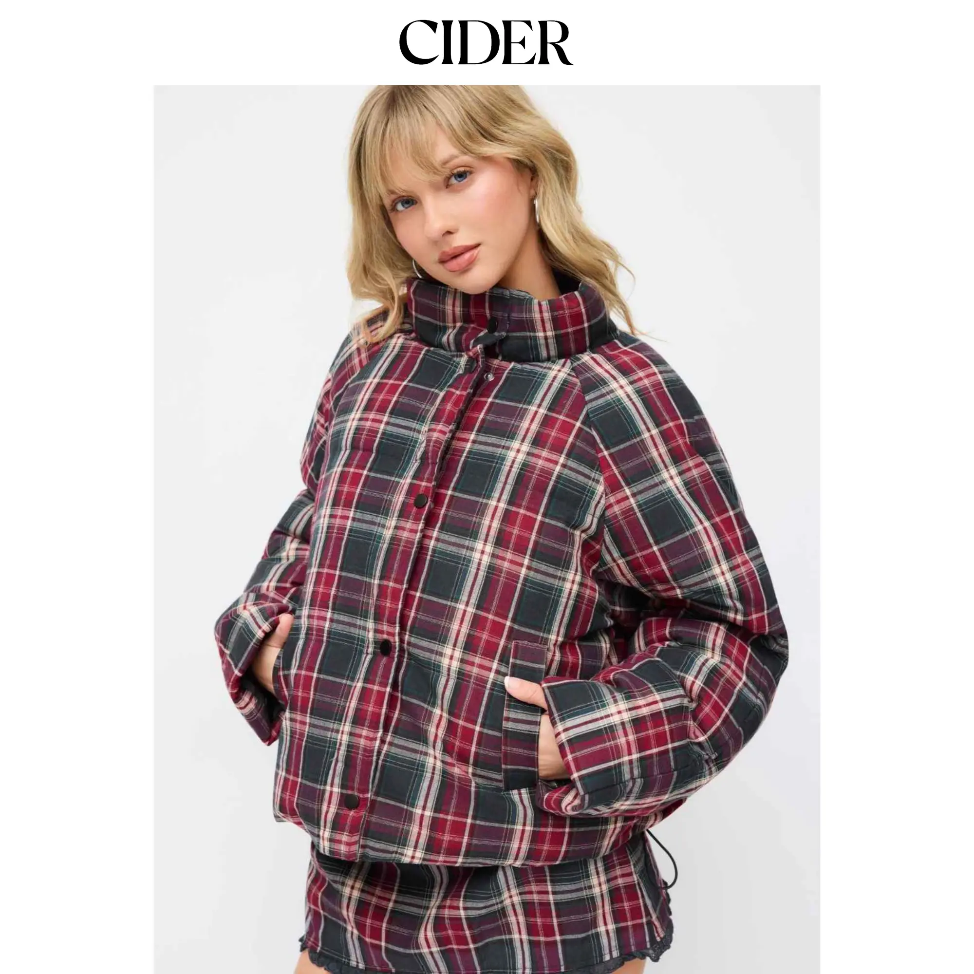 Cider Plaid Stand Collar Drawstring Pocket Puffer Jacket SummerFinds