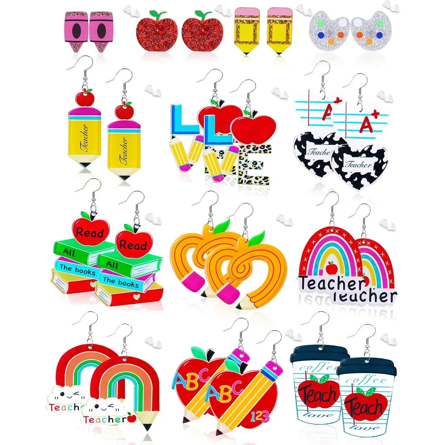 13 Pairs Teacher Earrings for Women,Fun Pencil Book Reading  Glitter Dangle Drop for Teacher's Day Appreciation Graduation  to School