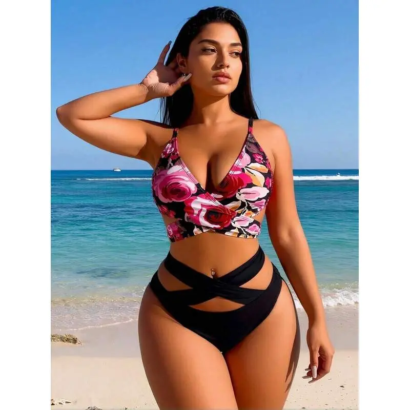 Women's 2-Piece High-Waisted Knit Fabric Swimsuits 2026 New Floral Print Wrap Front Top, Cutout Waist Crisscross Bottoms, Tropical Beach Style Bikini Set, Swimming, Female