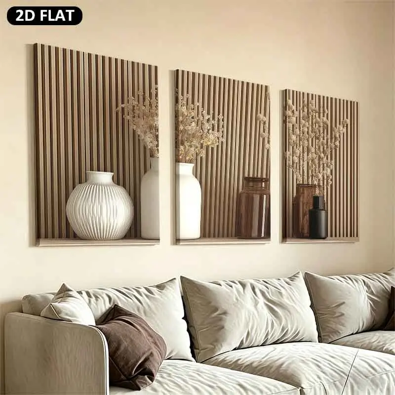 2D Flat, 2D/Flat, Three Framed Decorative Artworks And Wooden Frame Posters Are Not 3D.Modern canvas home wall decoration painting artFlowers, vase, decoration, shelfHome Decor Canvas Art Living Room Bedroom Mural Poster Decoration New year Artistic