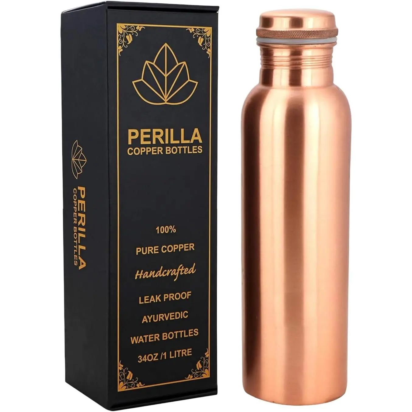 Pure Copper Water Bottle 34 Oz Leak Proof 100% Pure - Ayurvedic Copper Vessel - Drink More Water And Enjoy The Health Benefits Immediately - For Gym, Yoga Bottle (Plain)