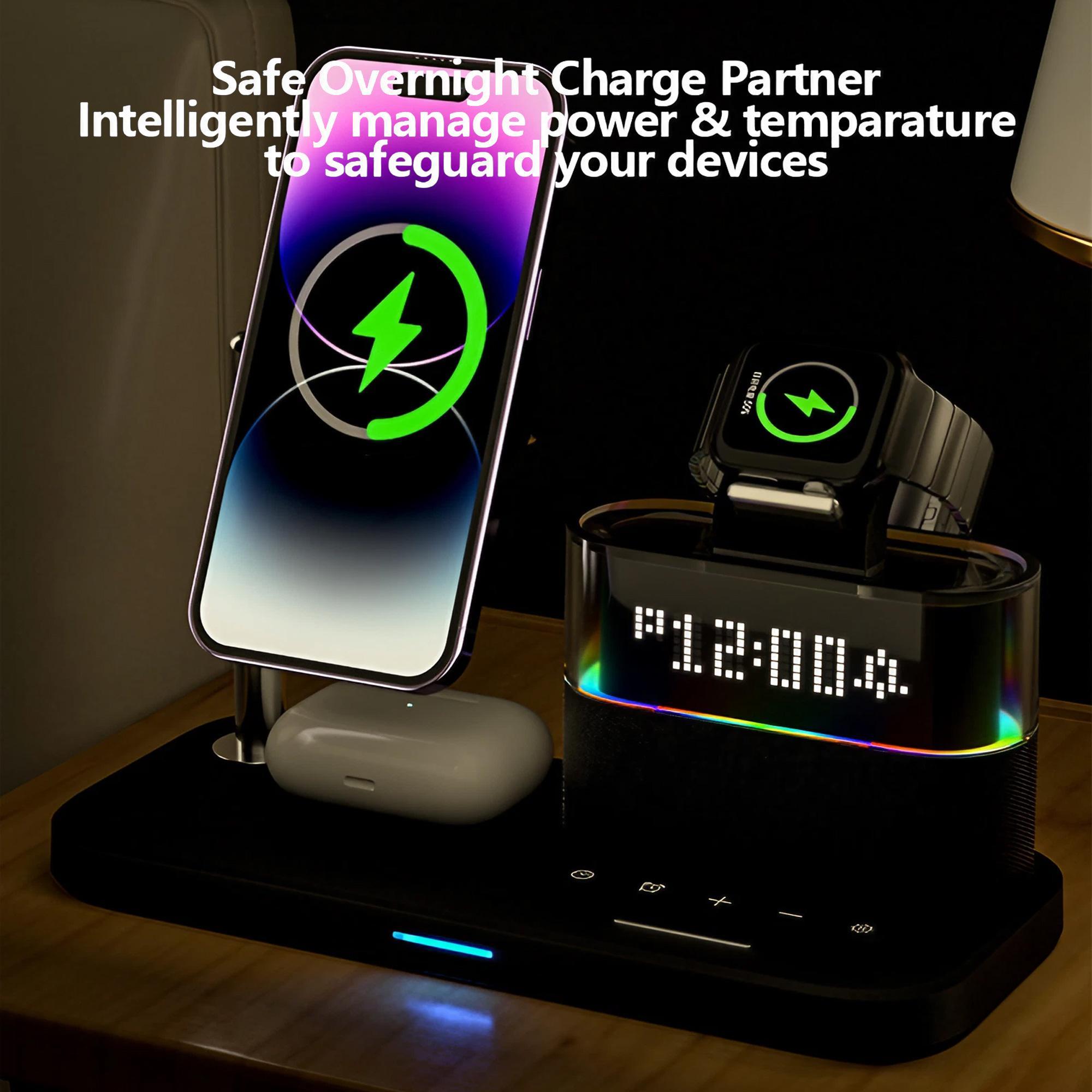 5-in-1 Wireless Charger with Clock, Magnetic Wireless Charger Stand for iPhone, Apple Watch, Airpods, Smart Watch Accessories, Magsafe Charger Set, Black Charging Station, for Smartphone, Magnetic Charging Design, Charging Dock