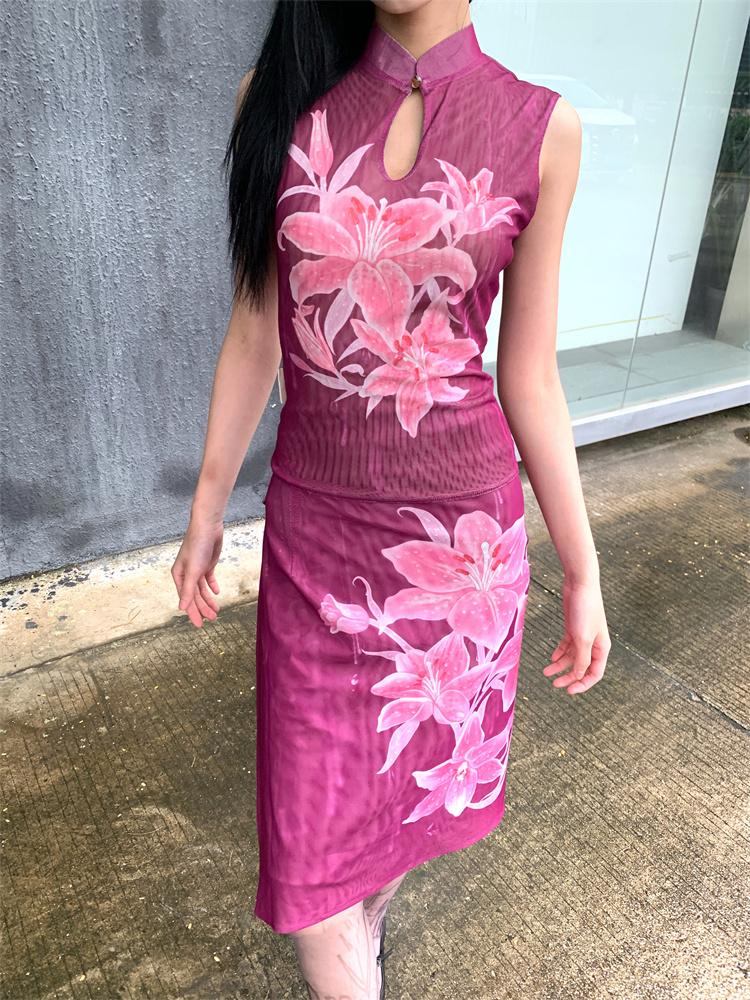 New Chinese-style lily pattern reversible cheongsam top + new Chinese-style lily pattern reversible one-piece skirt