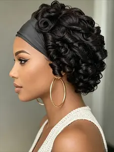 Bouncy Curly Egg Curly Wave Headband Wig Pixie Cut Premium Human Hair Wig Boho Curly Wig Natural Wavy Hair Full Machine Made Wig 150% Density