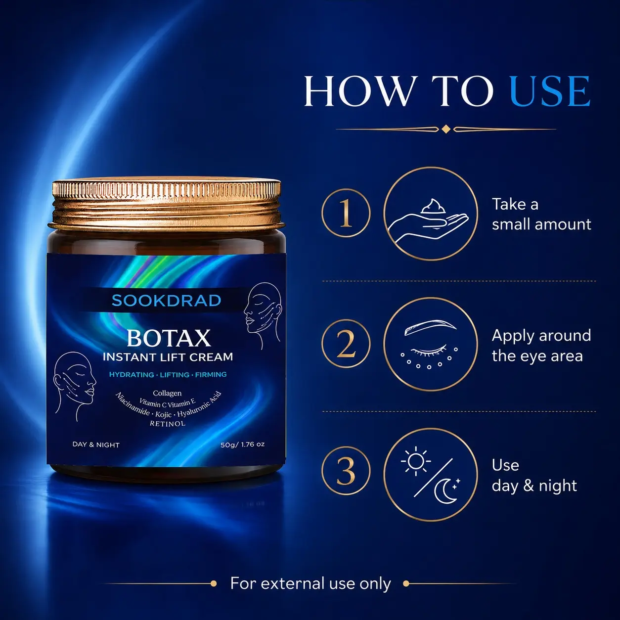 Botax Instant Lift Cream, collagen, vitamin C, vitamin E, niacinamide, kojic, hyaluronic acid, retinol, hydrating, lifting, firming, facial care, day and night use, 50g/1.76oz