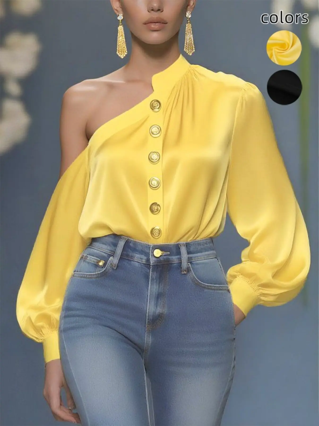 Elegant Women's Long Sleeve Asymmetrical Button Pleated One Shoulder Shirt Top, All Season Top, Loose Fit Solid Color Blouse for Ladies, Elegance