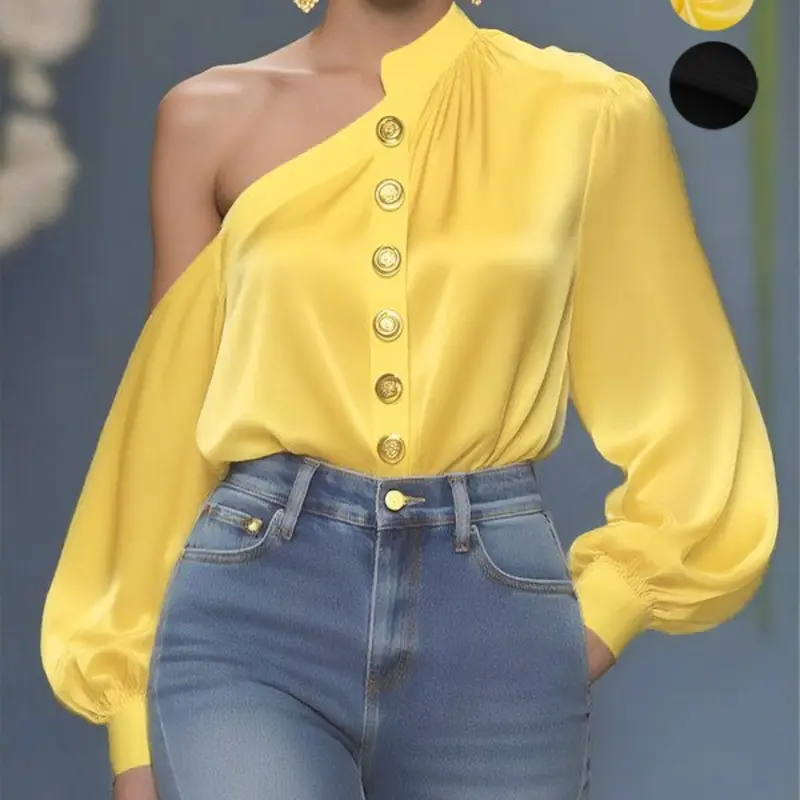 Elegant Women's Long Sleeve Asymmetrical Button Pleated One Shoulder Shirt Top, All Season Top, Loose Fit Solid Color Blouse for Ladies, Elegance