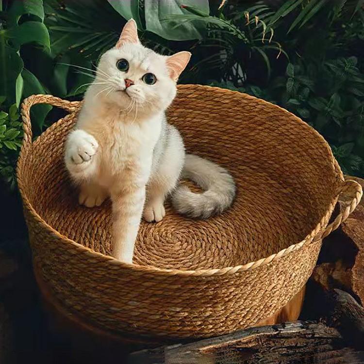 SoPets Handwoven Cat Cave Bed Cooling Rattan Pet House with Scratching Board Washable Cozy Sleeping Nest for All Seasons Cats Dogs