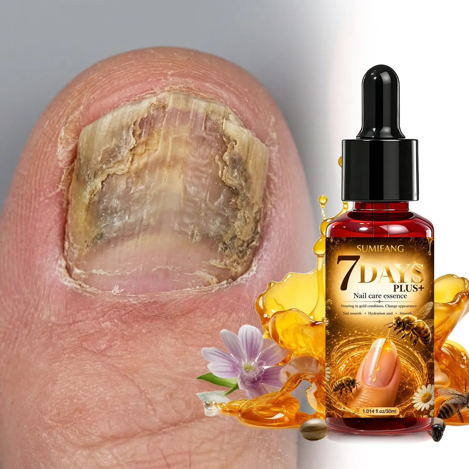 SUMIFANG 7-Day Nail Care Essence Nail Serum 30ml contains bee venom, jojoba oil, and vitamin E to strengthen, moisturize, and brighten your nails and cuticles.
