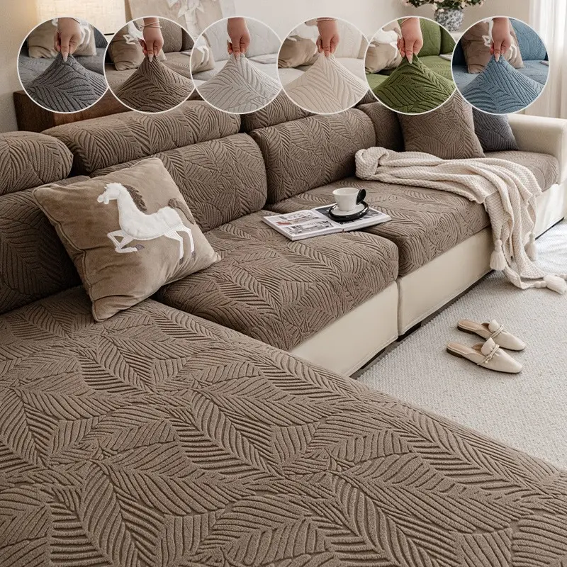 Boho Style Sofa Cover, Leaf Pattern Jacquard Elastic Couch Slipcover, Durable Cat-Resistant, for Living Room, Bedroom, Office