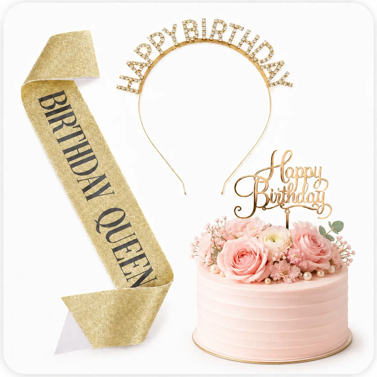Birthday Queen Party Set, Birthday Sash, Happy Birthday Rhinestone Headband & Cake Topper for Women Girls Birthday Decorations, Accessories