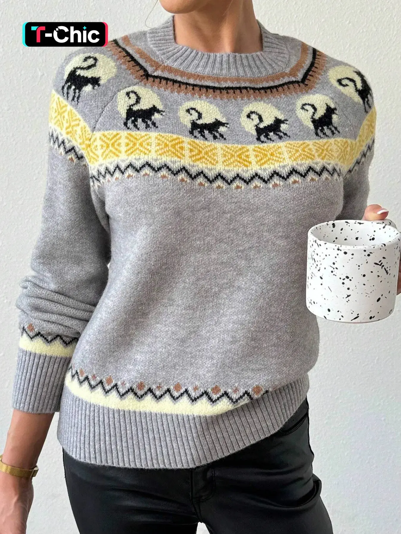 Fair Isle Fall Winter New Colorblock Jacquard Round Neck Sweater, Lazy Style Soft Knit Top, Elegant Casual Baggy Pullover, Vintage Patchwork Design, Knitwear, Loose Pullover Sweater