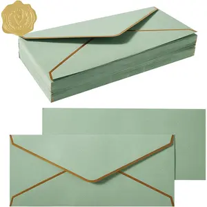 50 Pack #10 Gold Border Business Envelopes, Self Seal Standard Envelopes with Gold Stickers, Ideal for Office, Checks, Letter Mailing, Invoices, 4 1/8 x 9 1/2 Inches (Sage-Green)