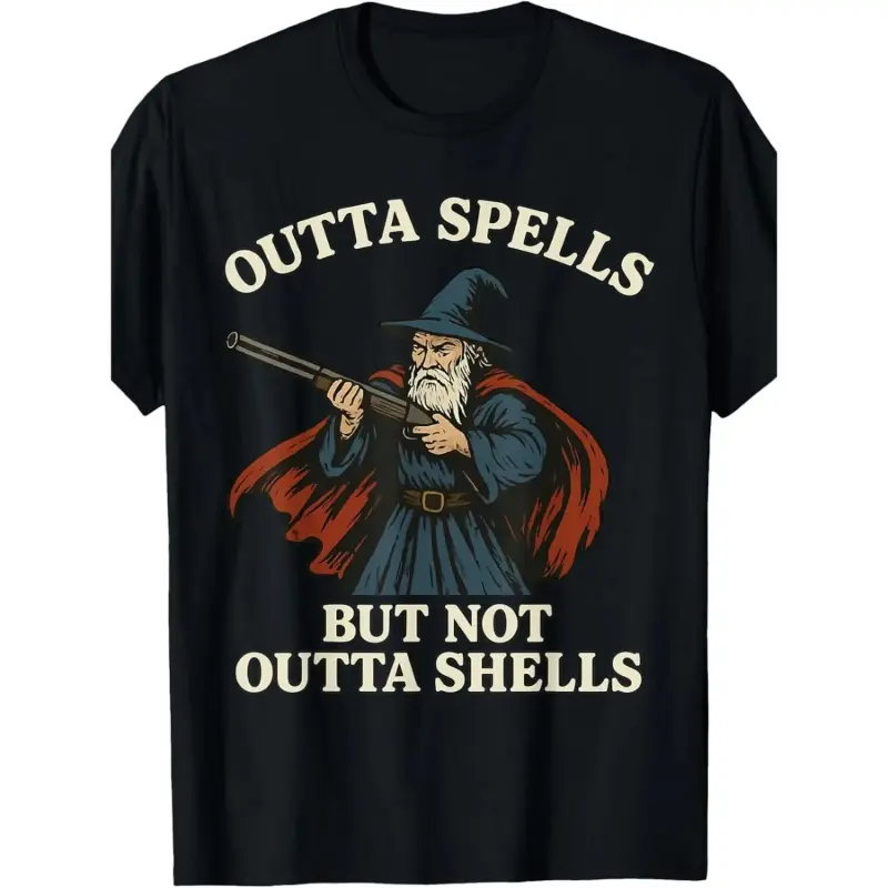 Wizard Meme T‑Shirt|Outta Spells But Not Outta Shells Vintage Graphic Tee, Soft Cotton Crew Neck Short‑Sleeve Streetwear Top for Adults, Funny Humor Digital Print, Vibrant Long‑Lasting Art, Casual Chic Meme Shirt