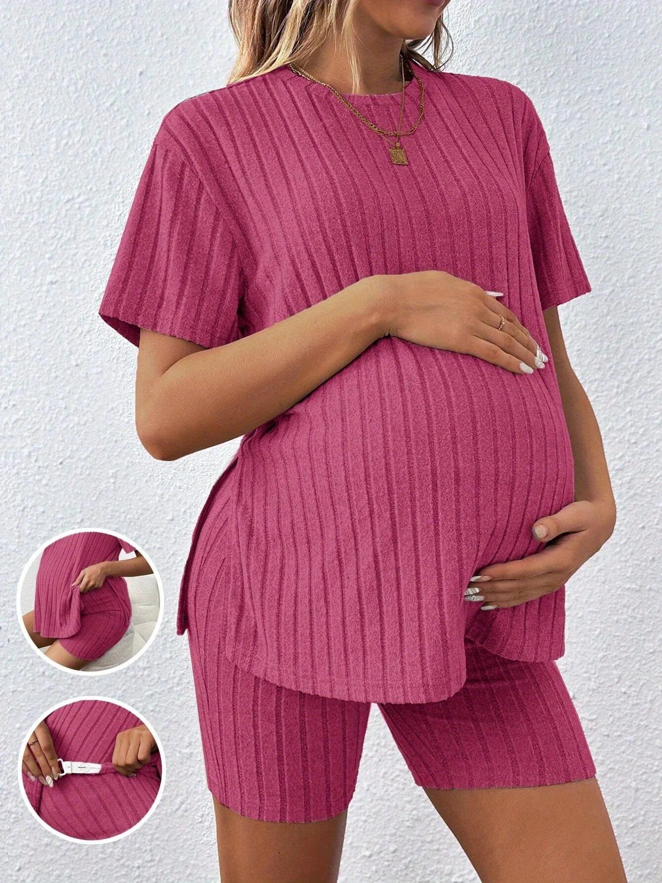 Maternity Two-Piece Set, Summer Comfortable Casual Versatile Loose Stretch Pink Maternity Suit Maternity Two-Piece Set, Summer Comfortable Casual Versatile Loose Stretch Pink Maternity Suit