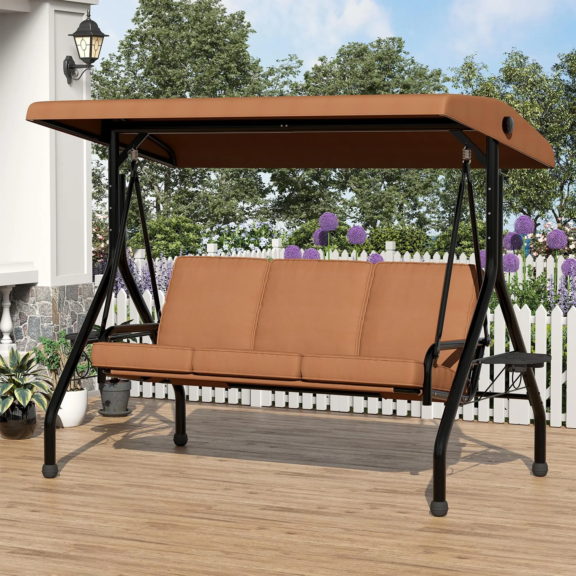 Brown 3-Seat Outdoor Patio Front Porch Swing with Canopy, 2-in-1 Design, Thick Removable Cushions, Cup Holders, Ideal for Backyard, Garden Relaxation