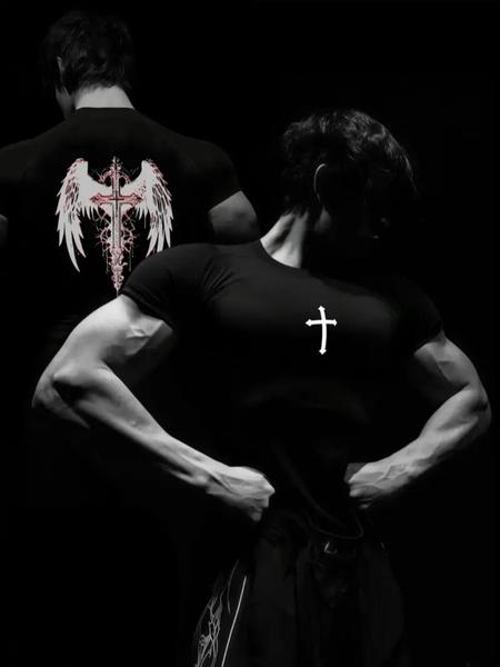 1pc Men's Compression Workout Shirt – Cross & Wings Print, Slim Fit, Breathable & Stretchy Top for Gym & Training, Gym Workout Tee