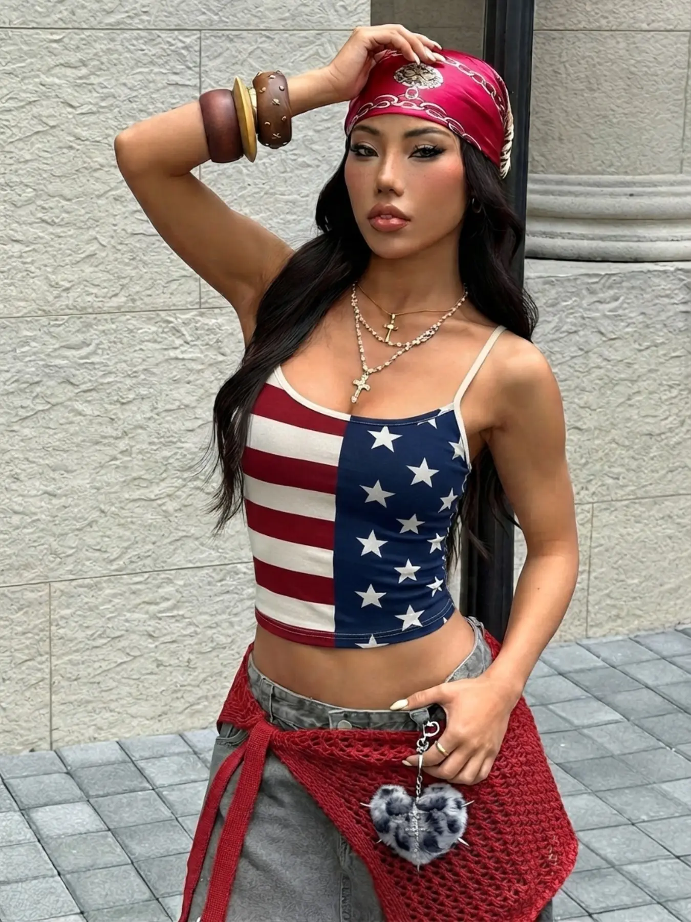 Women's USA Flag Star Stripe Patchwork Spaghetti Strap Crop Cami Top, Stretch Slim Fit Fabric, Retro Y2K Sleeveless Tank Top For Holiday Street Outfits
