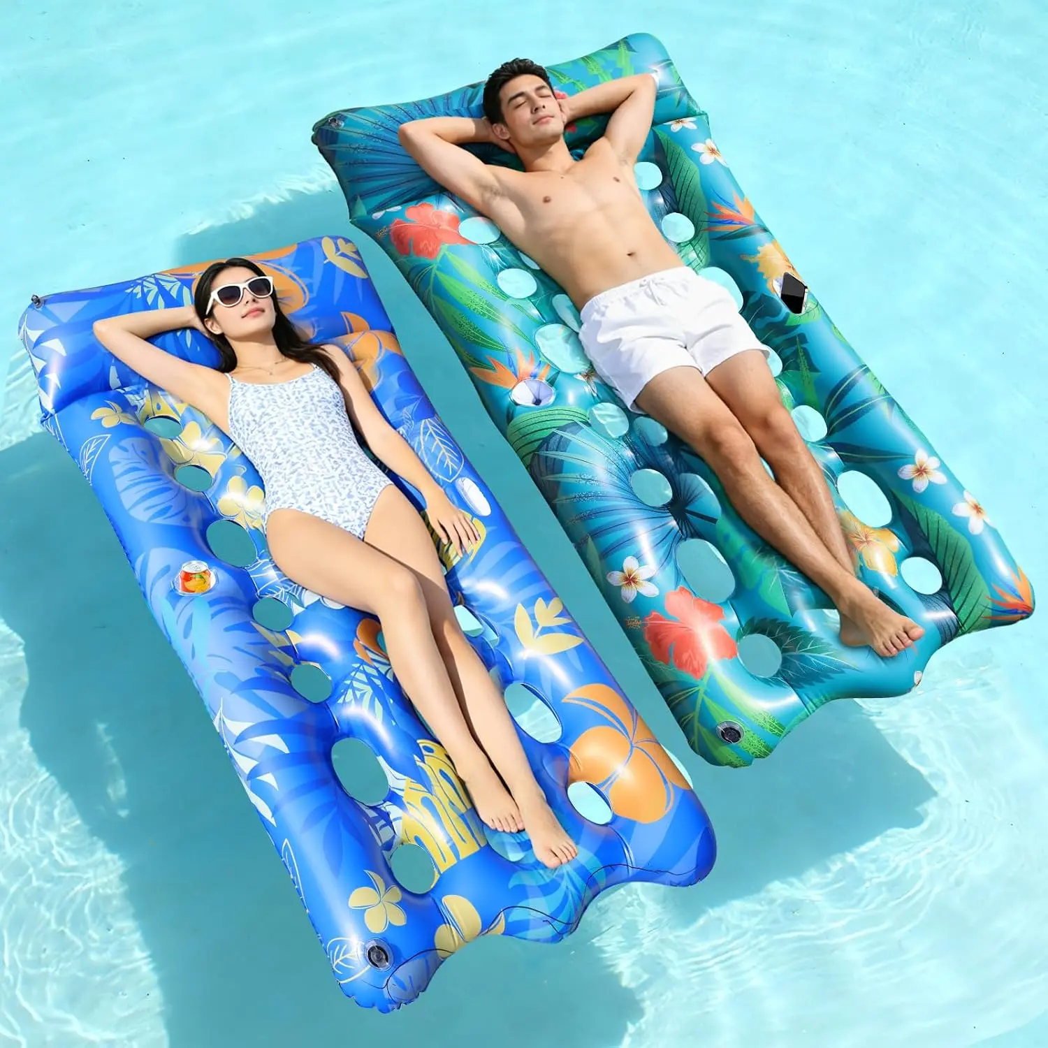 Ultra-Comfort Pool Floats Lounger for Adults with Cooling Headrest and Cup Holders - 2 Pack 72x35 Inch Inflatable Pool Rafts for Sun Tanning Swimming Beach Lake Party
