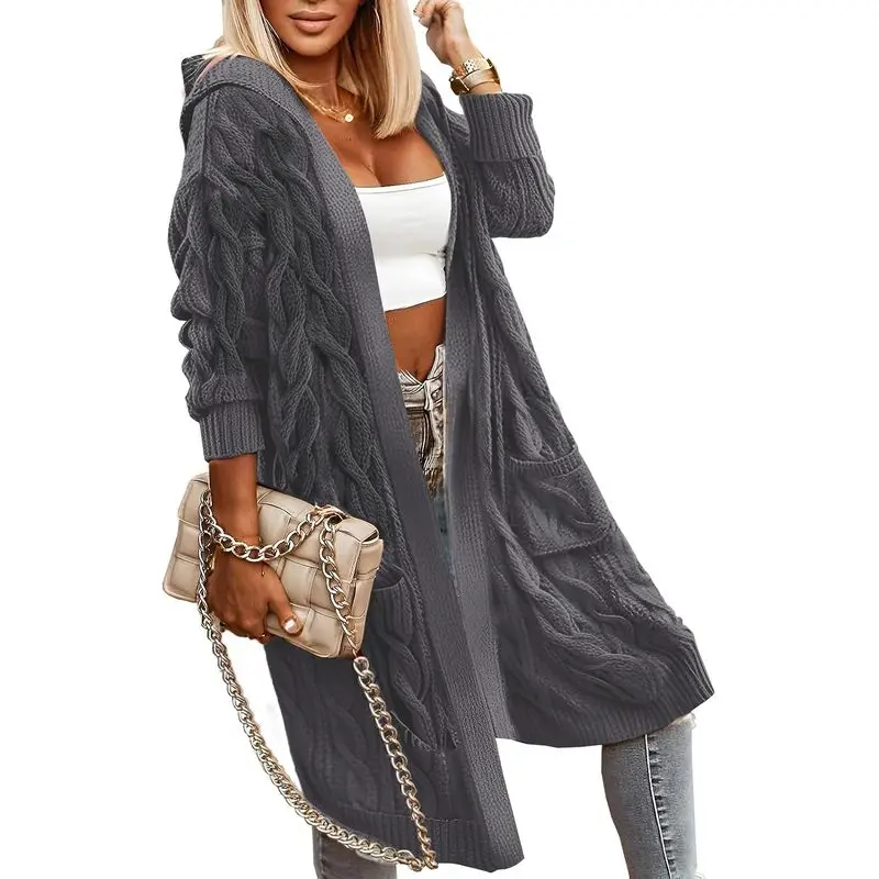 Women's Hooded Long Cable‑Knit Cardigan Sweater, Open‑Front Oversized Warm Outerwear, Trendy Loose Knit Coat For Fall Winter Daily Outfits, Casual Streetwear And Outdoor Layering