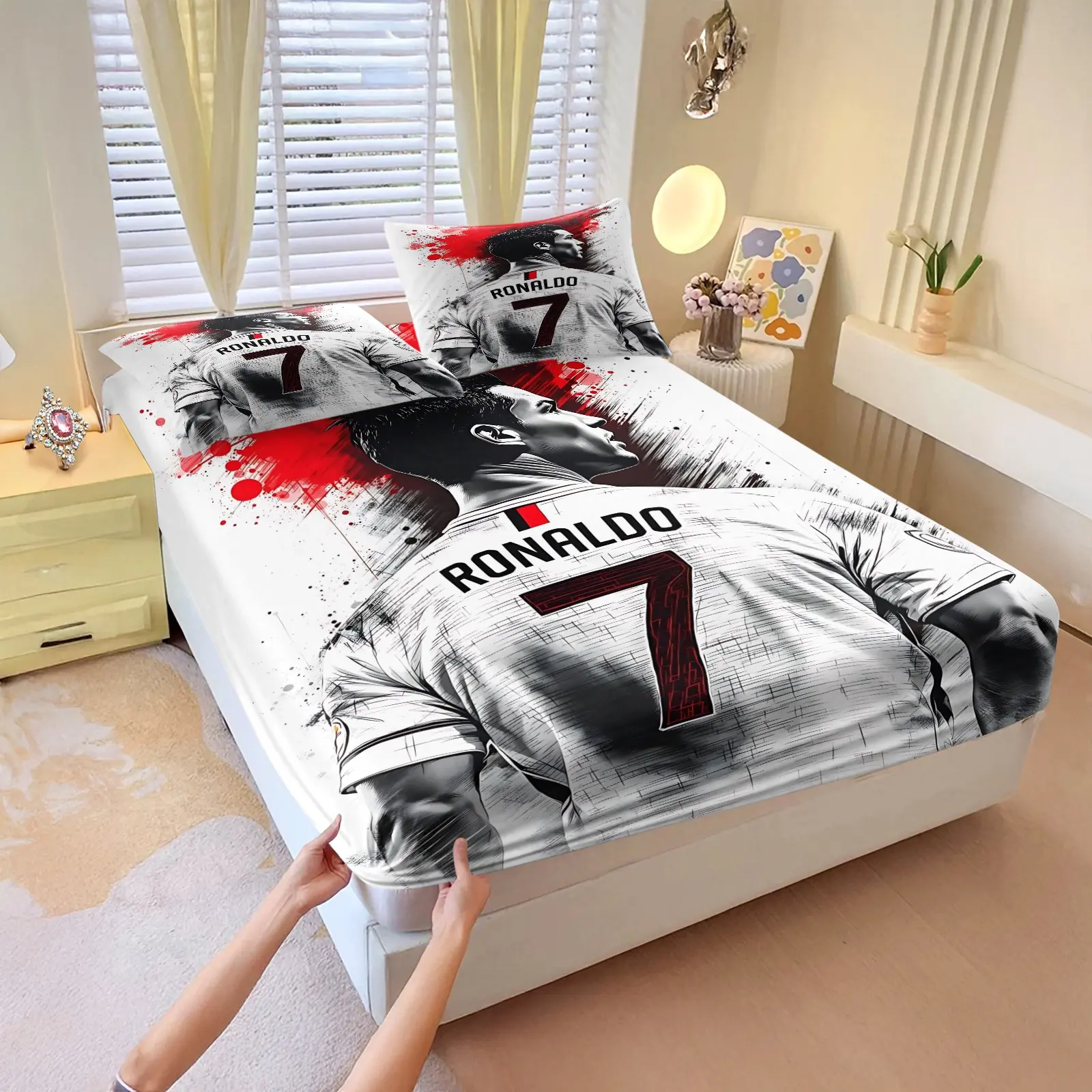 3-Piece Soccer Star Themed Fitted Sheet Set – Red Splatter-Print Bedding Set With Deep Pocket Design; Soft And Comfortable; Includes 1 Fitted Sheet And 2 Pillowcases (Inserts Not Included); Ideal For Teen Boys' Bedroom Decor.