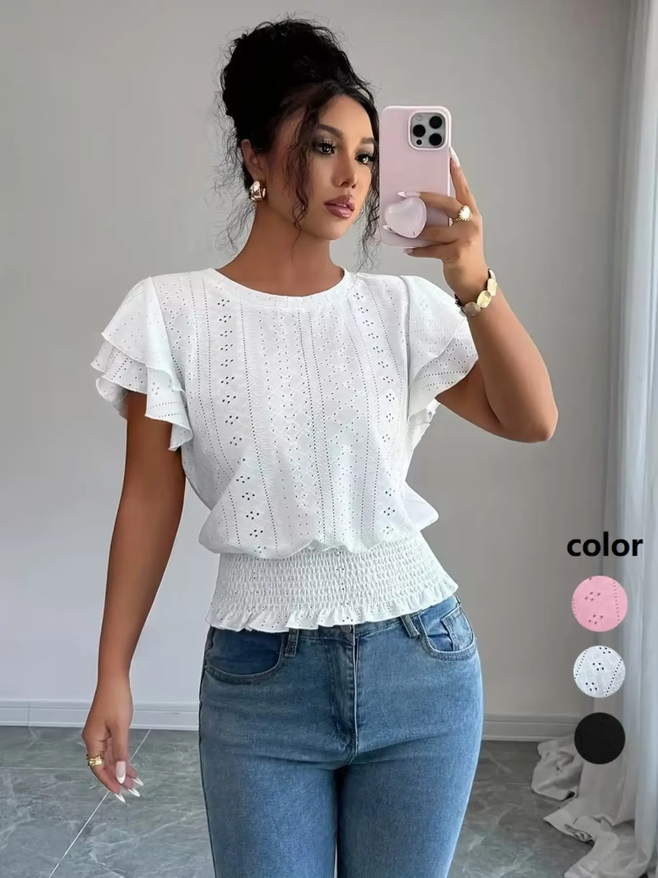 Summer Women's Elegant Casual Ruffle Vacation Jacquard Round Neck Short Sleeve T-Shirt Top Elegance, Perfect for Work, Home, Dates, Valentine's Night