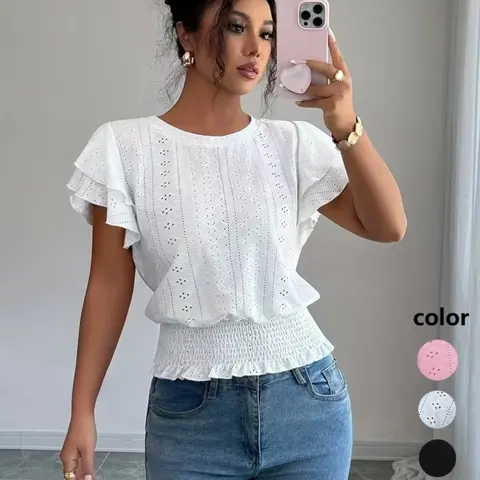 Summer Women's Elegant Casual Ruffle Vacation Round Neck Short Sleeve T-Shirt Top Elegance, Perfect for Work, Home, Dates, Valentine's Night