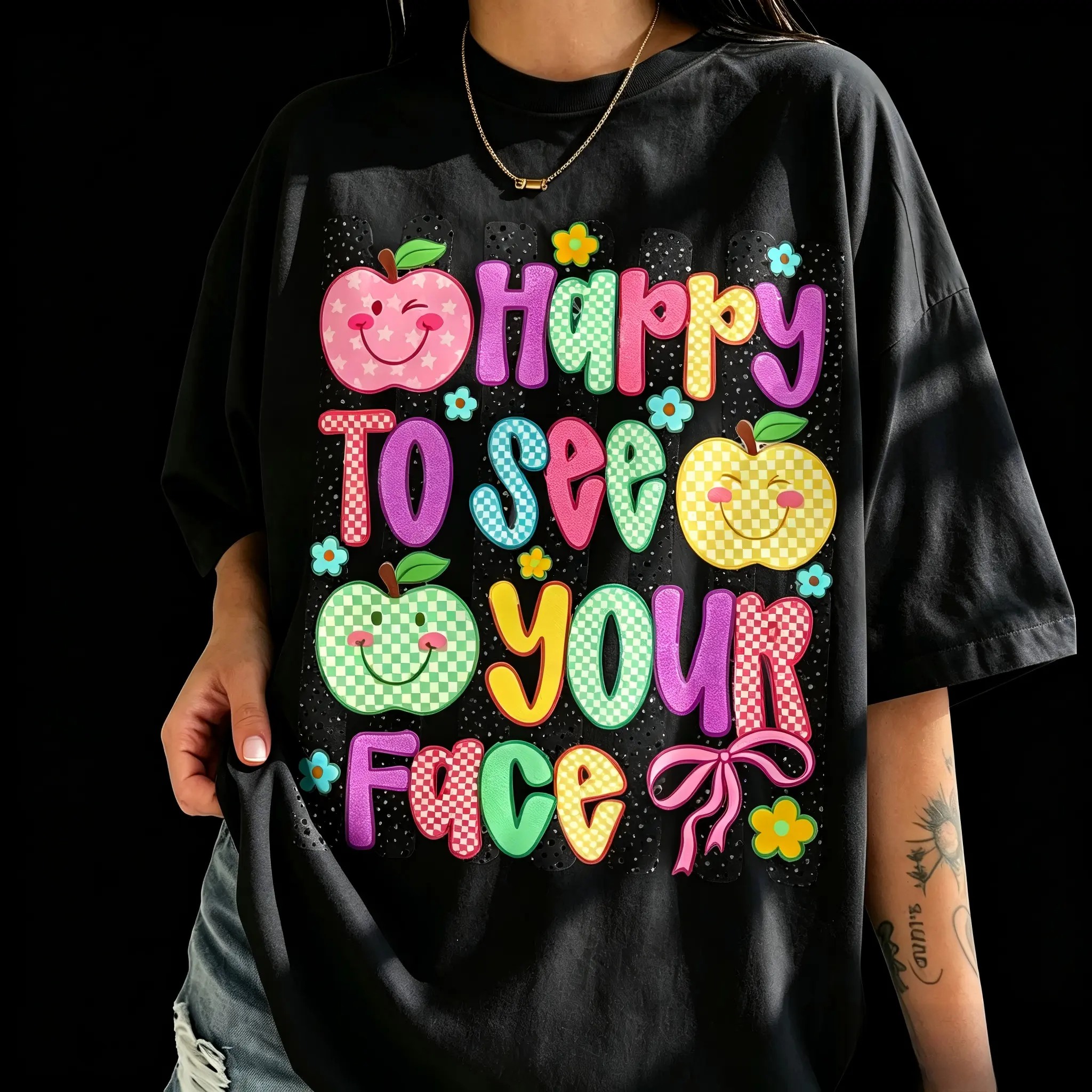 Comfort Colors Happy To See Your Face Teacher, Preppy Apple Graphic Tee, Back to School Teacher T-Shirt, Graphic T-Shirt for Teacher