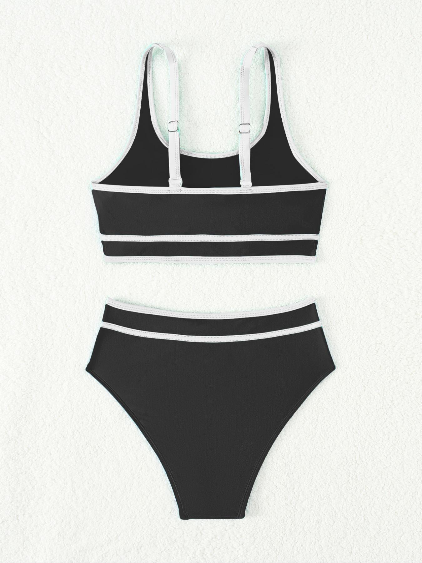 Women's Contrast Binding Bikinis Set, Casual Comfy Scoop Neck Swim Bra & High Waist Swim Panty Two Counts Swimsuit for Summer, Fashion Women's Swimwear for Beach Swimming