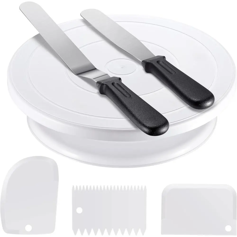 White Stainless Steel Cake Decorating Kit - Home Supplies Baking Set with Detachable Turntable, 2 Frosting Straight-Angled Spatulas, 3 Icing Smoother Scrapers, E-Book User Guide for Beginners, Mother's Day