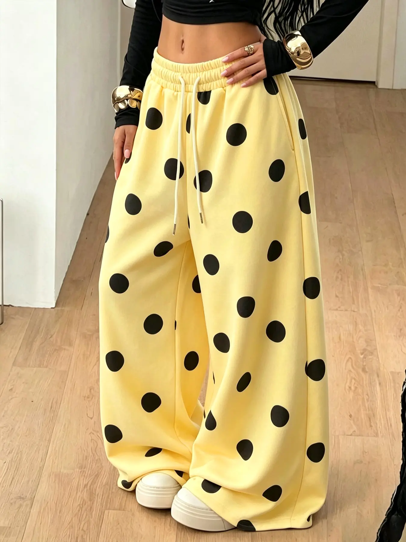 Women's Yellow Polka Dot Wide-Leg Sweatpants, High-Waist Elastic Drawstring Adjustable Waist Loose Casual Pants, Casual Baggy Trousers, Soft Home Joggers with Pockets, Casual Street Style, Summer/Autumn Fashion Must-Have